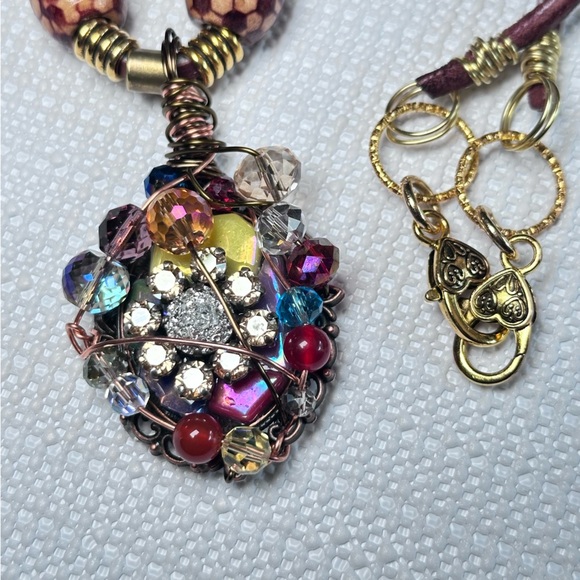 Handmade Pendant Necklace Medallion Glass Crystal Beads Assemblage Art OOAK 0800 - Picture 10 of 13